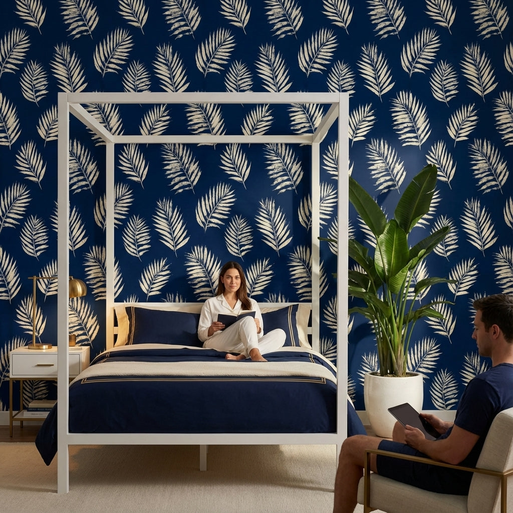 Palm Leaves Wallpaper Navy Tropical Removable Wall Decor