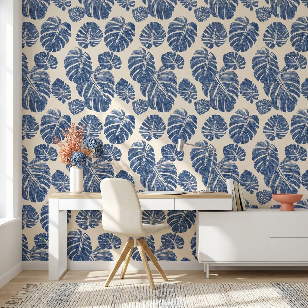 Floral Wallpaper Leaves Removable Blue Wall Mural