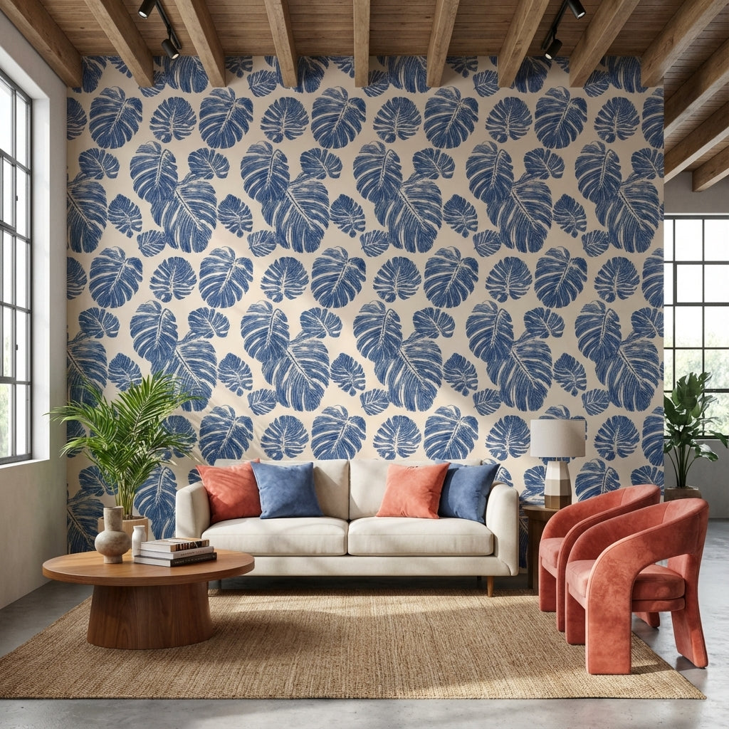 Floral Wallpaper Leaves Removable Blue Wall Mural