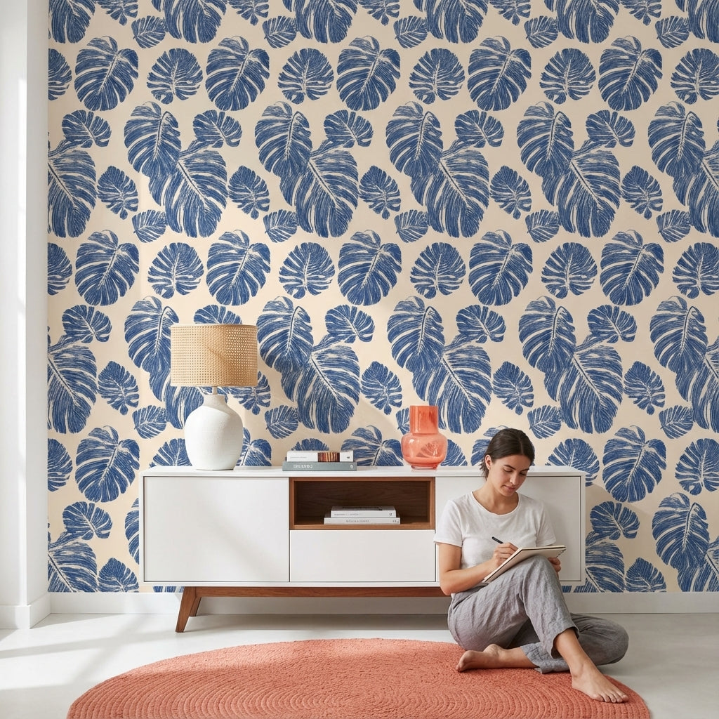 Floral Wallpaper Leaves Removable Blue Wall Mural