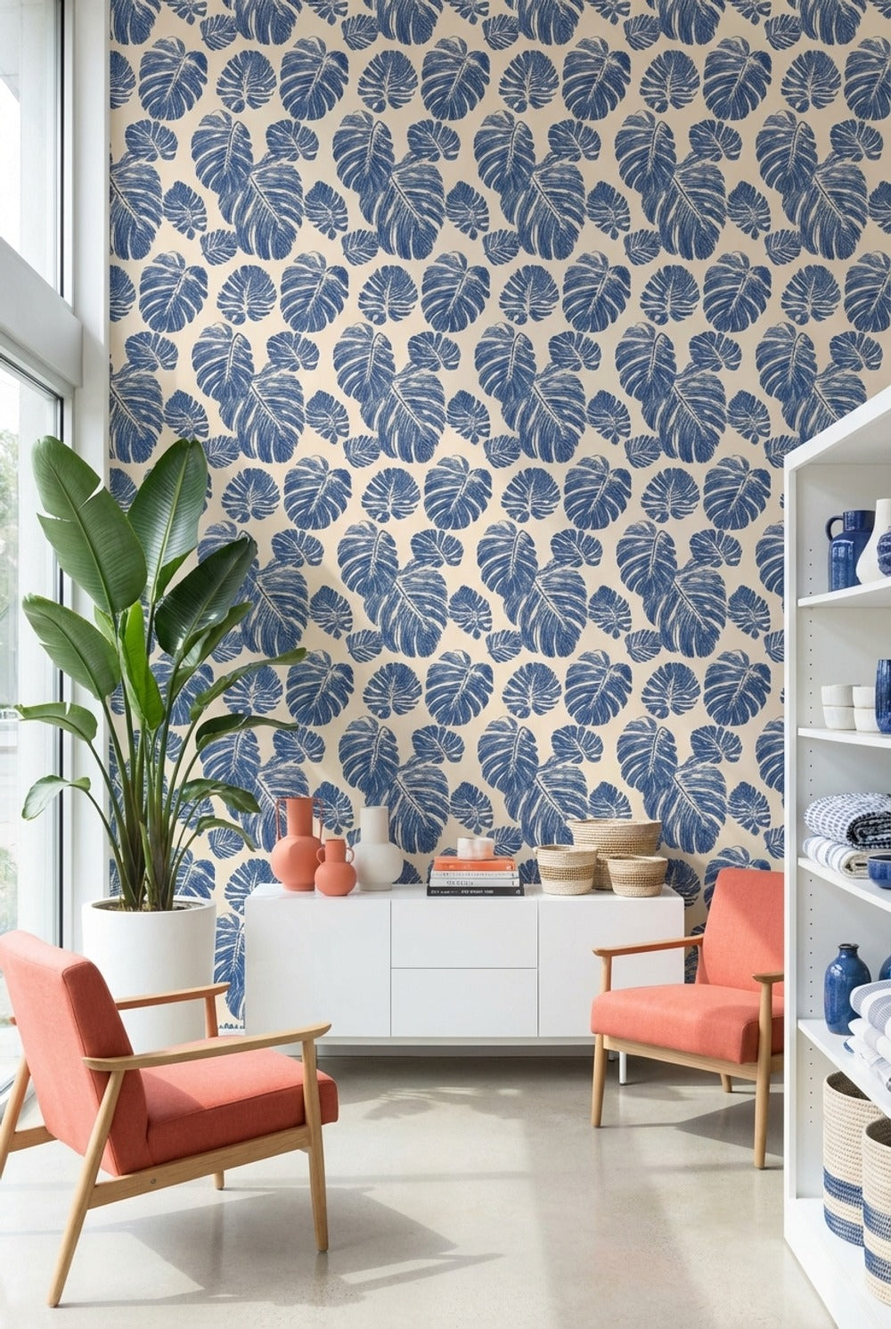 Floral Wallpaper Leaves Removable Blue Wall Mural
