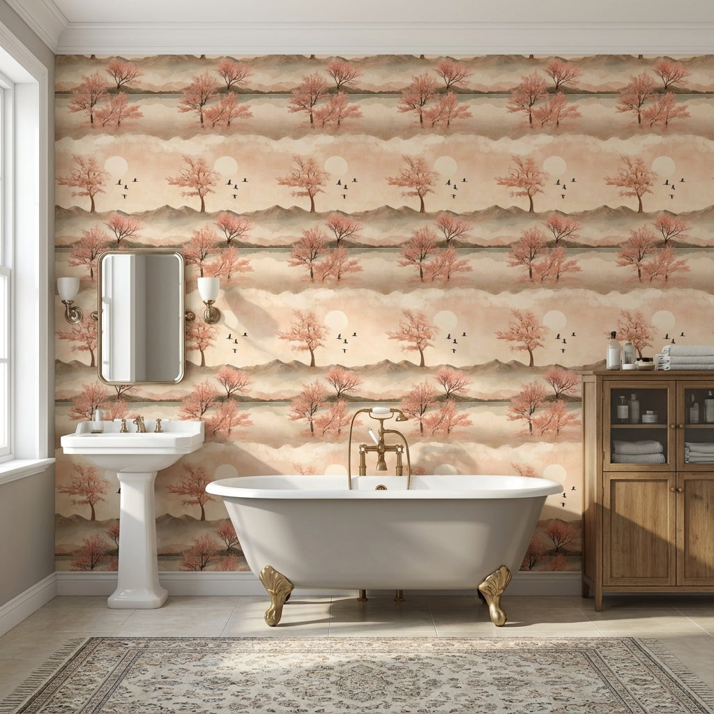 Cherry Blossoms Wallpaper Birds Removable Mountains Wall Mural