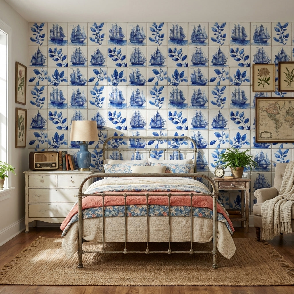 White Background Wallpaper Vintage Removable Nautical Wall Mural