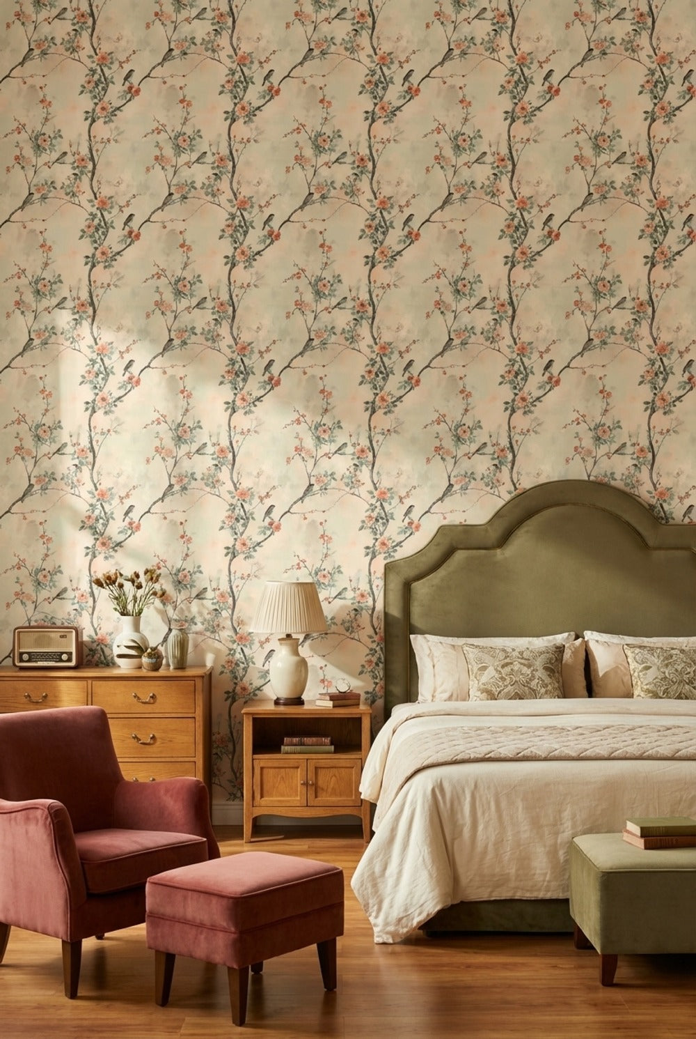 Floral Wallpaper Birds Mural Traditional Wall Decor