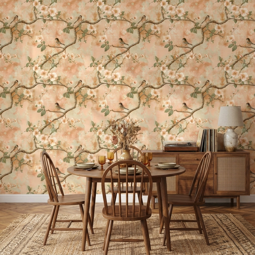 Floral Wallpaper Birds Branches Removable Wall Decor