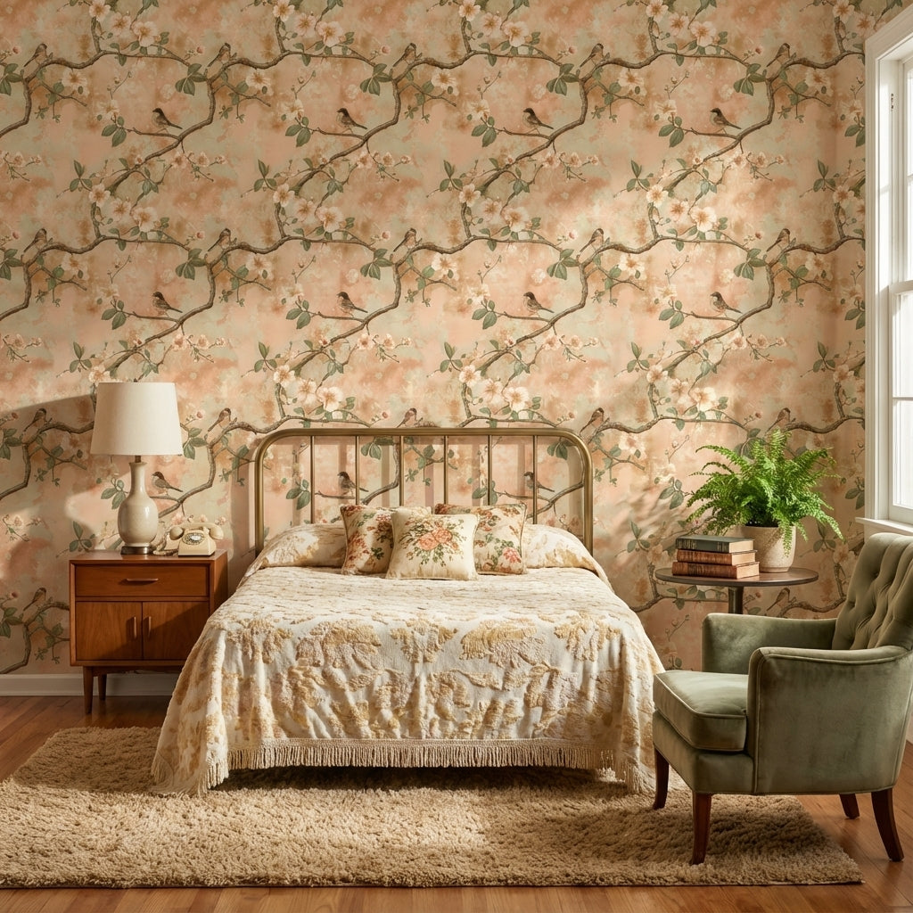 Floral Wallpaper Birds Branches Removable Wall Decor