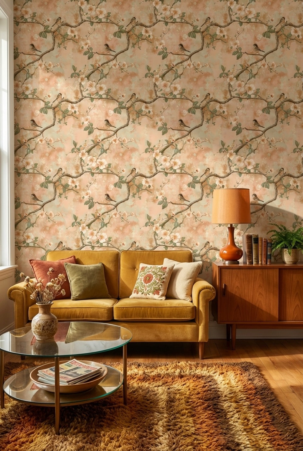 Floral Wallpaper Birds Branches Removable Wall Decor