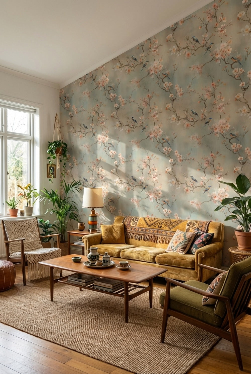 Floral Wallpaper Birds Vintage Wall Mural
