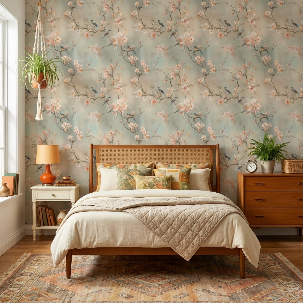 Floral Wallpaper Birds Vintage Wall Mural