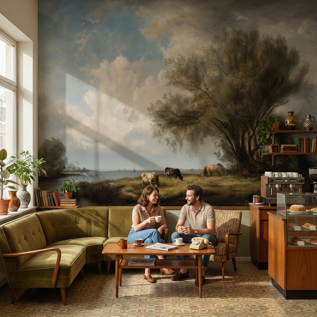 Cloudy Sky Wallpaper Riverbank Pastoral Wall Mural