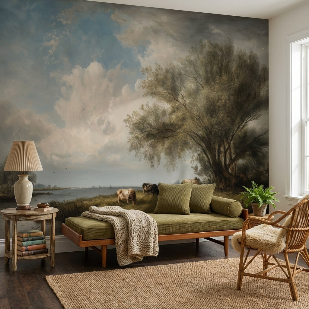 Cloudy Sky Wallpaper Riverbank Pastoral Wall Mural