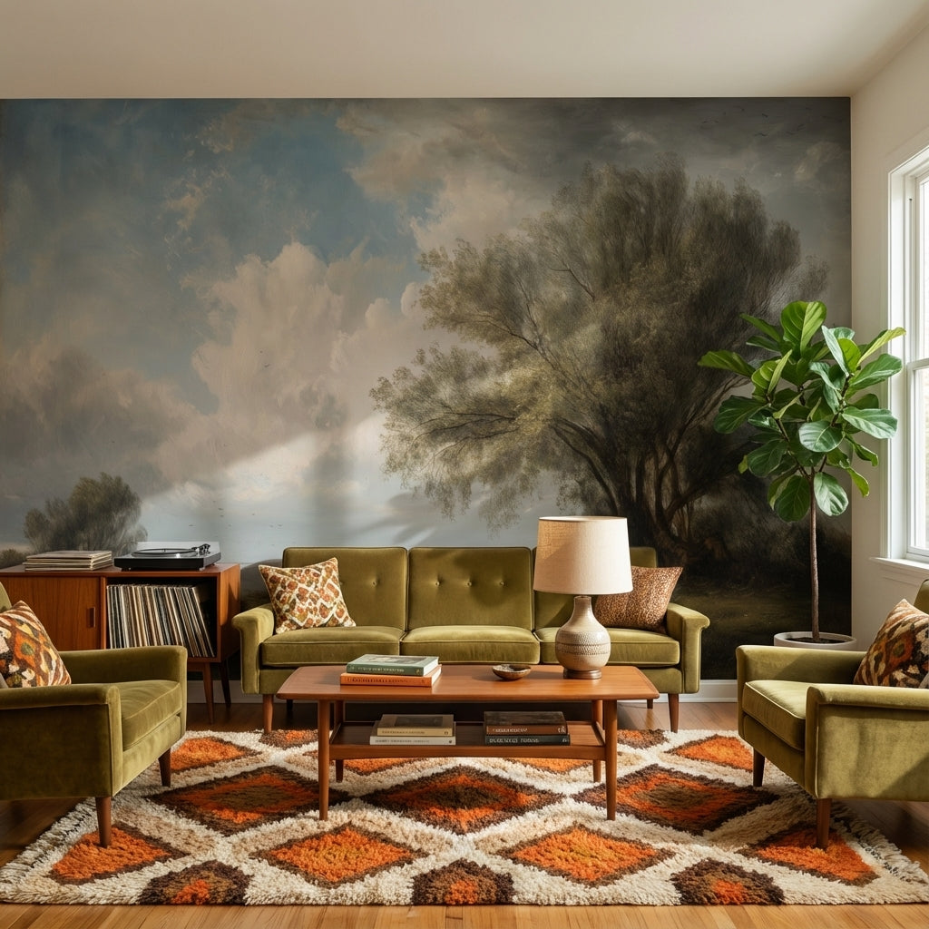 Cloudy Sky Wallpaper Riverbank Pastoral Wall Mural