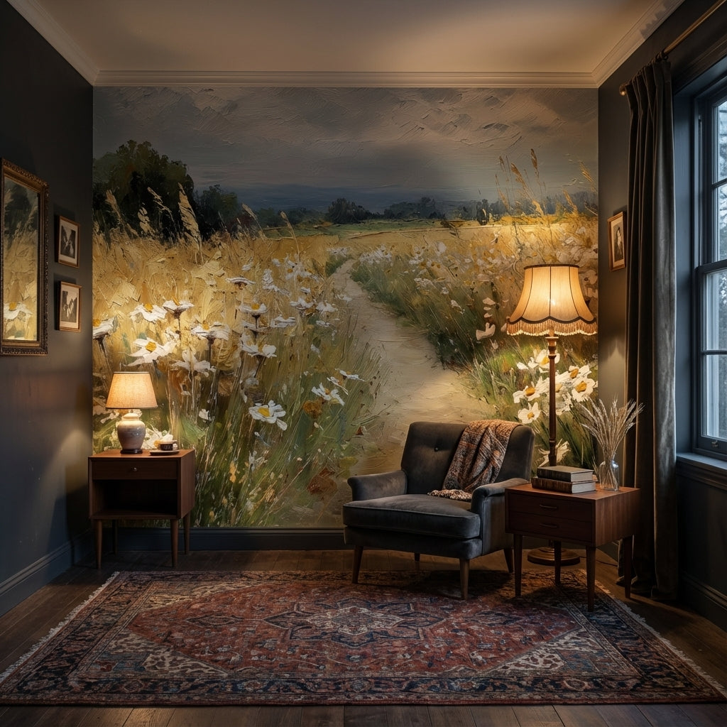 Cloudy Sky Wallpaper Wheat Floral Wall Mural