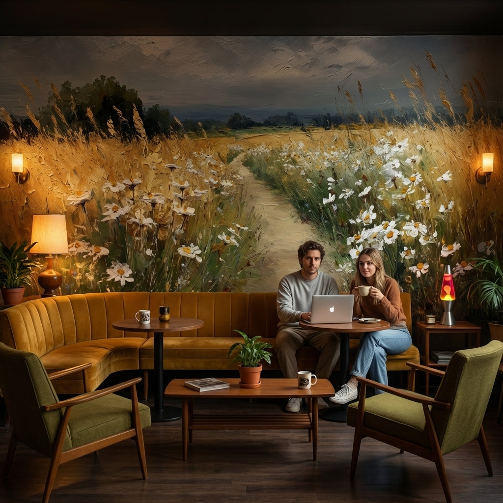 Cloudy Sky Wallpaper Wheat Floral Wall Mural