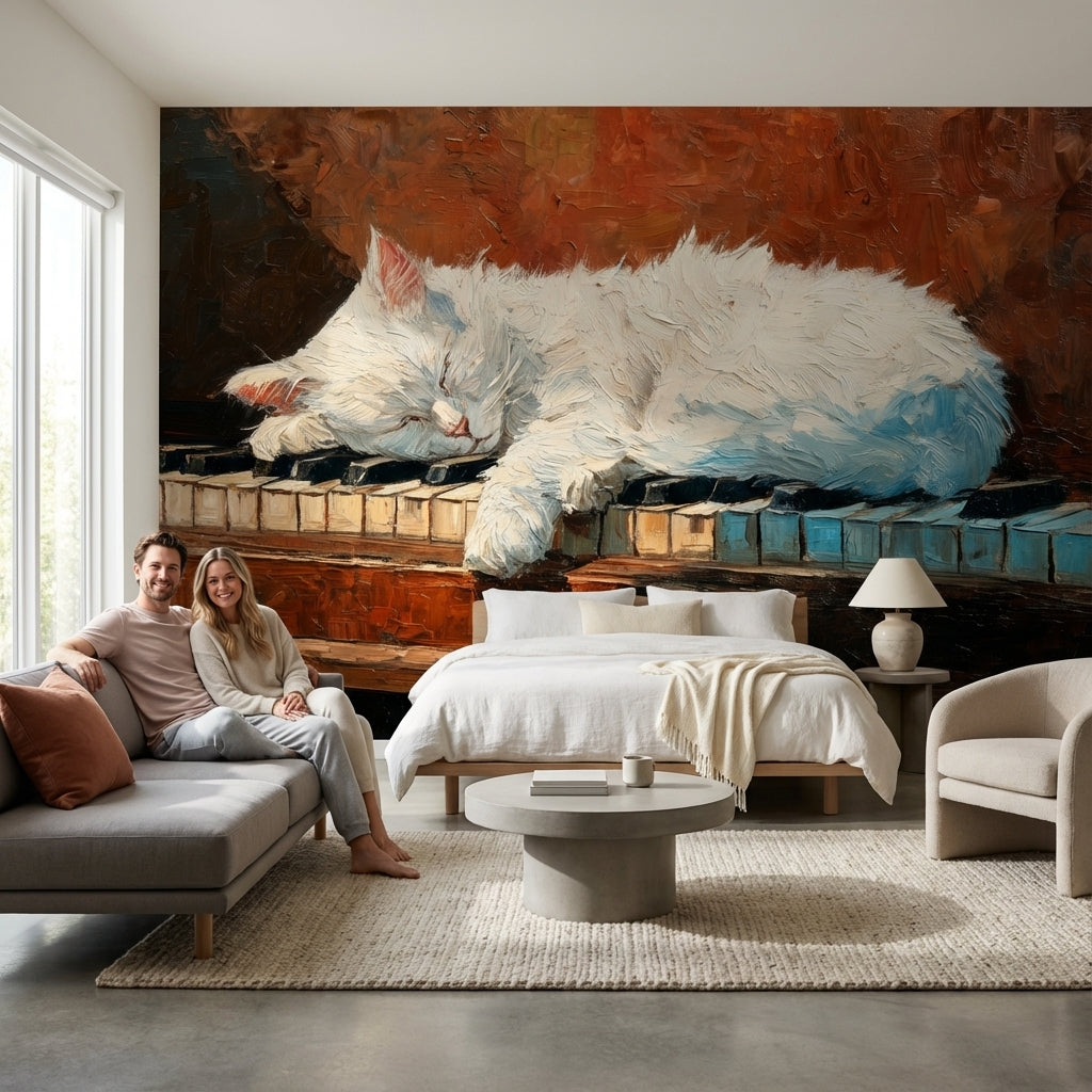 Cat Piano Wallpaper Impressionistic Cozy Wall Mural