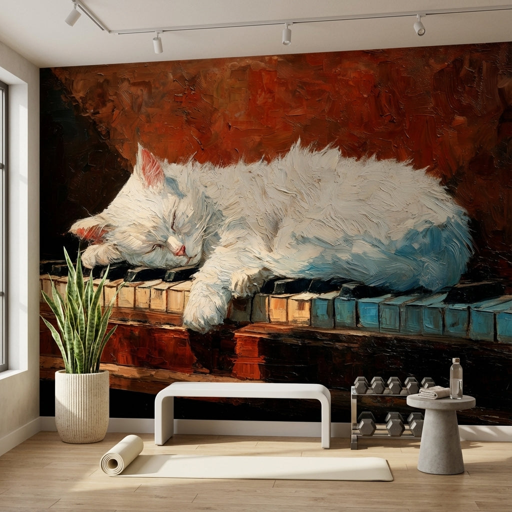 Cat Piano Wallpaper Impressionistic Cozy Wall Mural