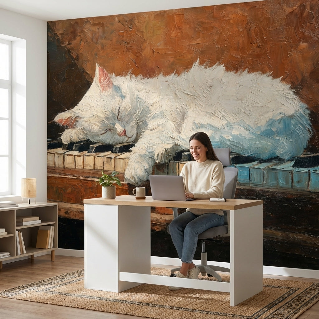 Cat Piano Wallpaper Impressionistic Cozy Wall Mural