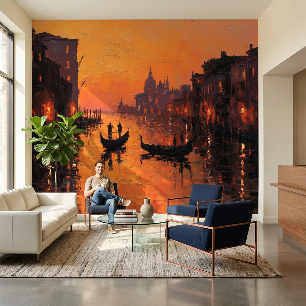 Sunset Wallpaper Canal Gondolas Removable Wall Decor
