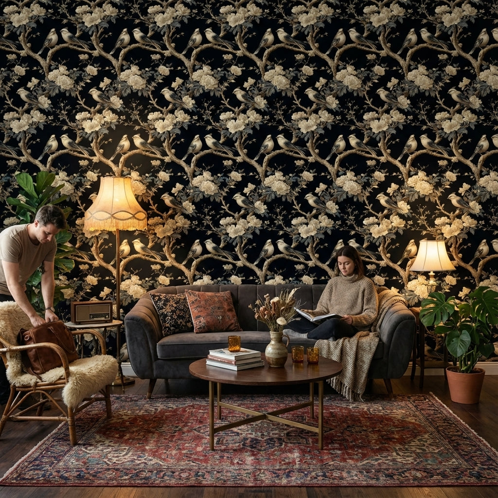 Floral Wallpaper Birds Elegant Removable Wall Decor