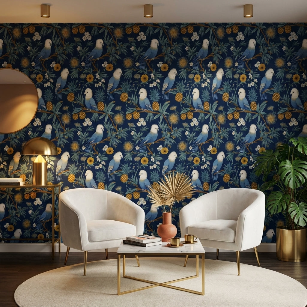 Navy Parrots Wallpaper Floral Exotic Removable Wall Decor