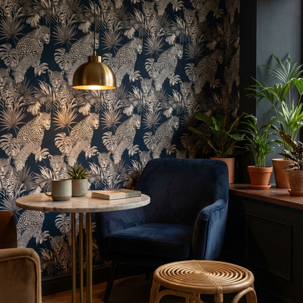 Leopard Wallpaper Tropical Navy Removable Wall Decor