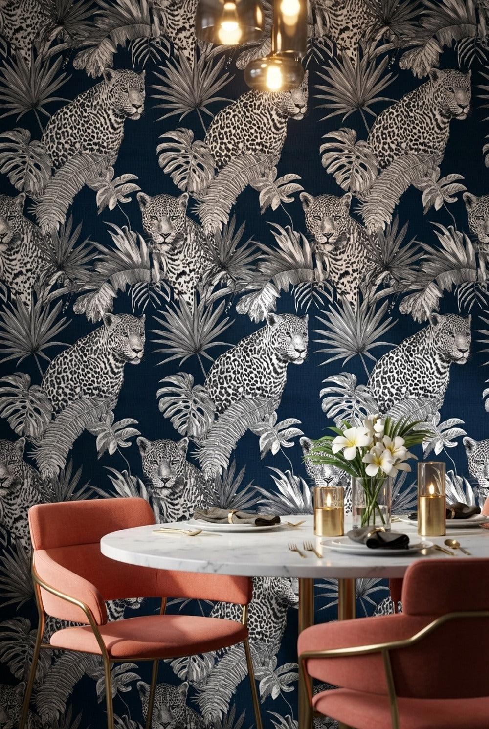 Leopard Wallpaper Tropical Navy Removable Wall Decor