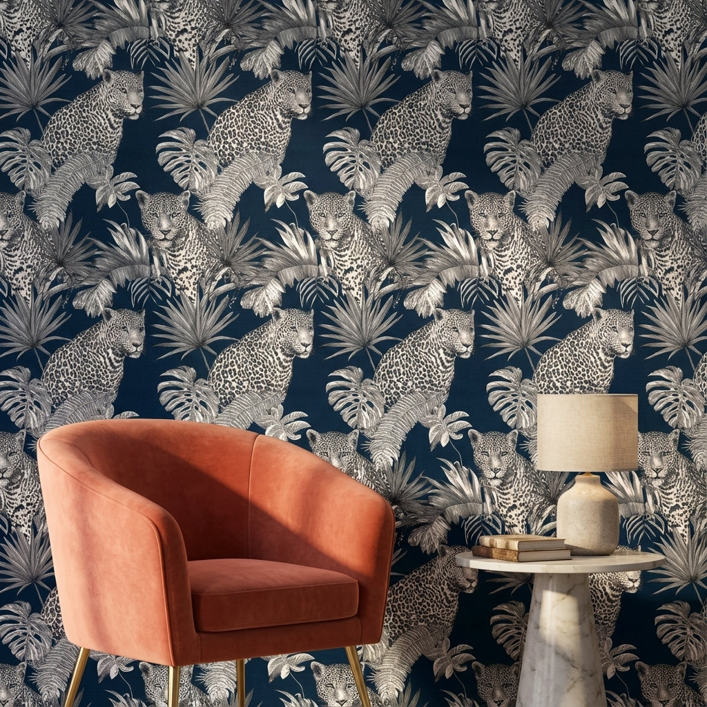 Leopard Wallpaper Tropical Navy Removable Wall Decor