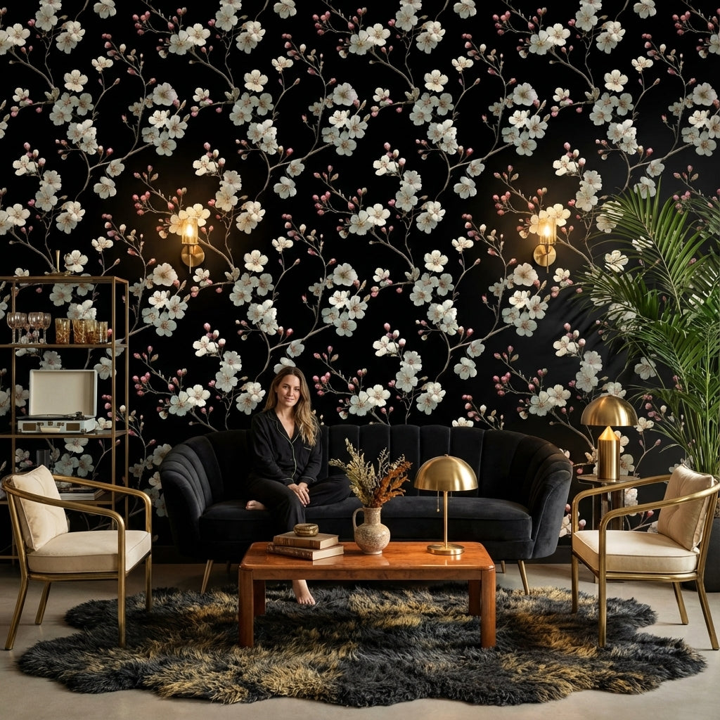 Floral Wallpaper Blossoms Removable Black Background Wall Mural