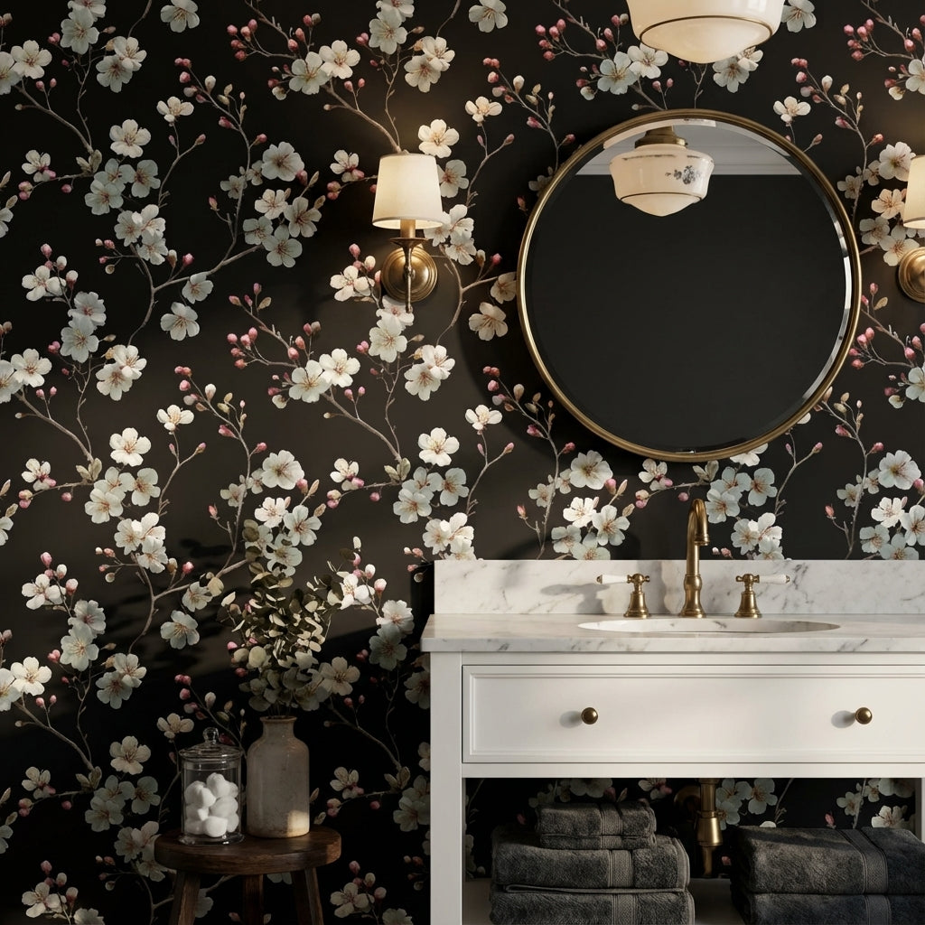 Floral Wallpaper Blossoms Removable Black Background Wall Mural