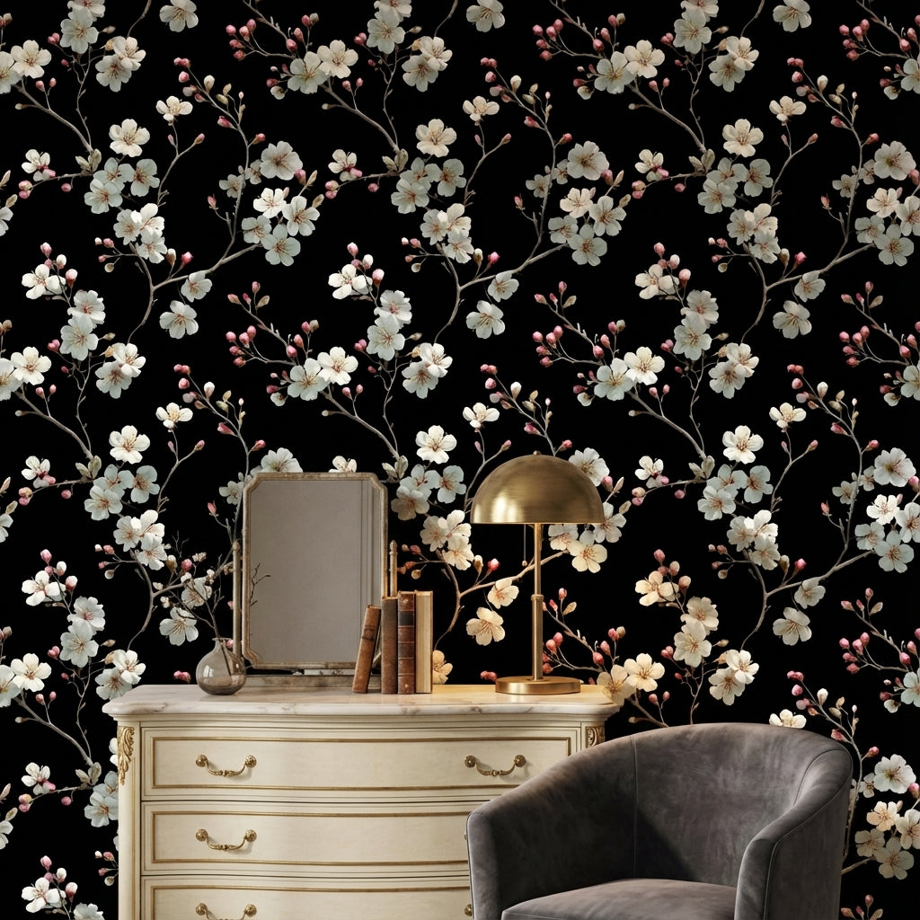 Floral Wallpaper Blossoms Removable Black Background Wall Mural
