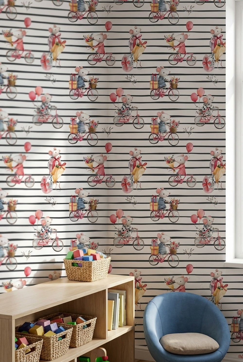 Mice Wallpaper Bicycles Removable Whimsical Wall Mural