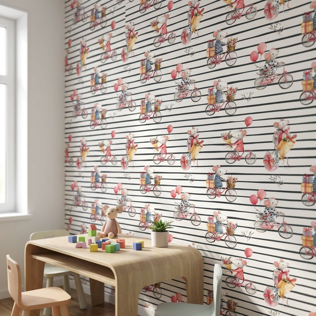 Mice Wallpaper Bicycles Removable Whimsical Wall Mural