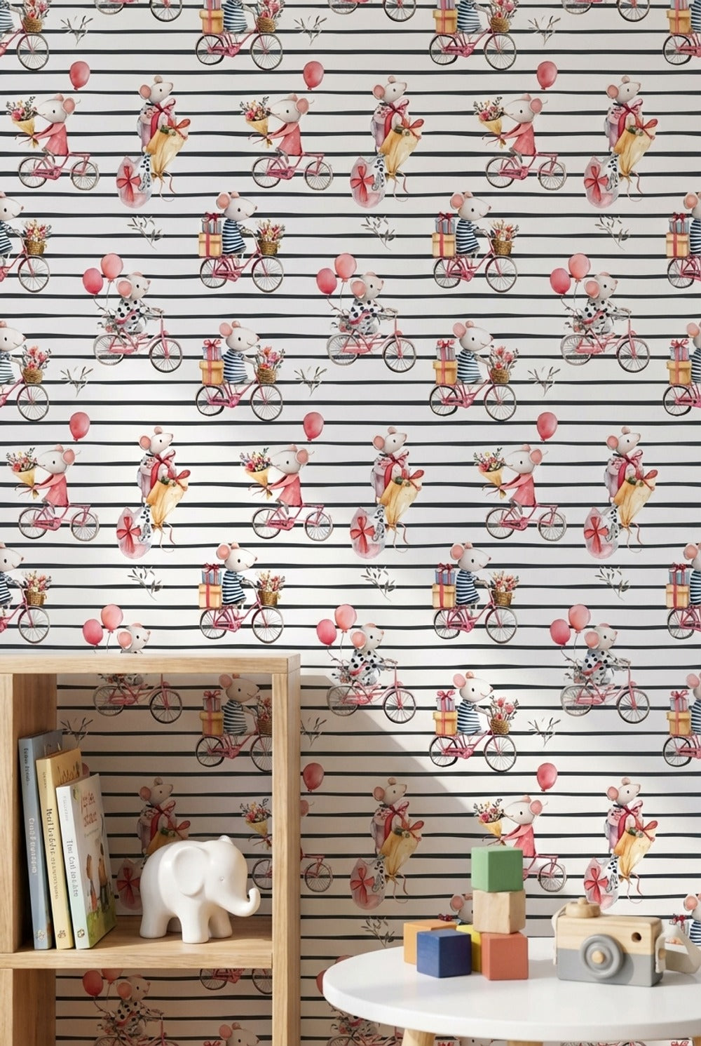 Mice Wallpaper Bicycles Removable Whimsical Wall Mural