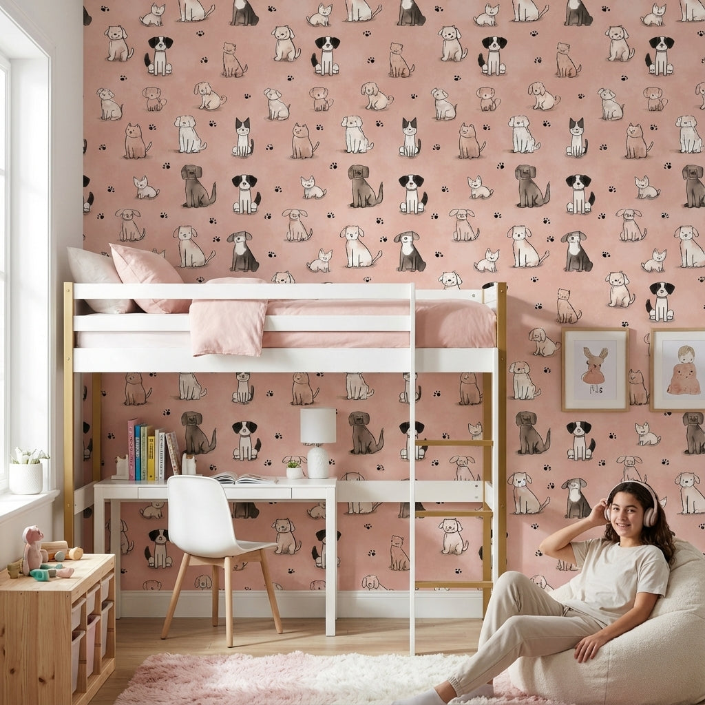Cartoon Animals Wallpaper Pink Playful Decorative Mural