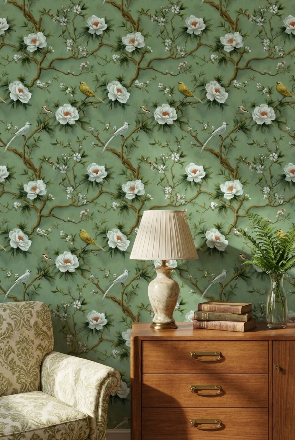 Floral Wallpaper Birds Removable Green Wall Mural