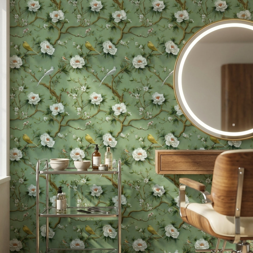 Floral Wallpaper Birds Removable Green Wall Mural