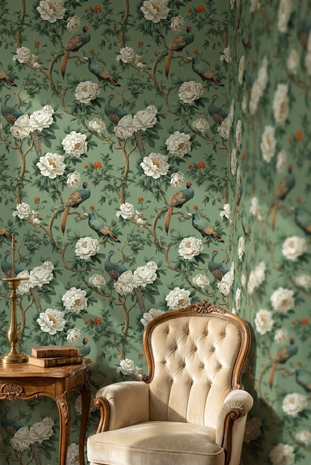 Muted Green Wallpaper Chinoiserie Bird Decorative Mural