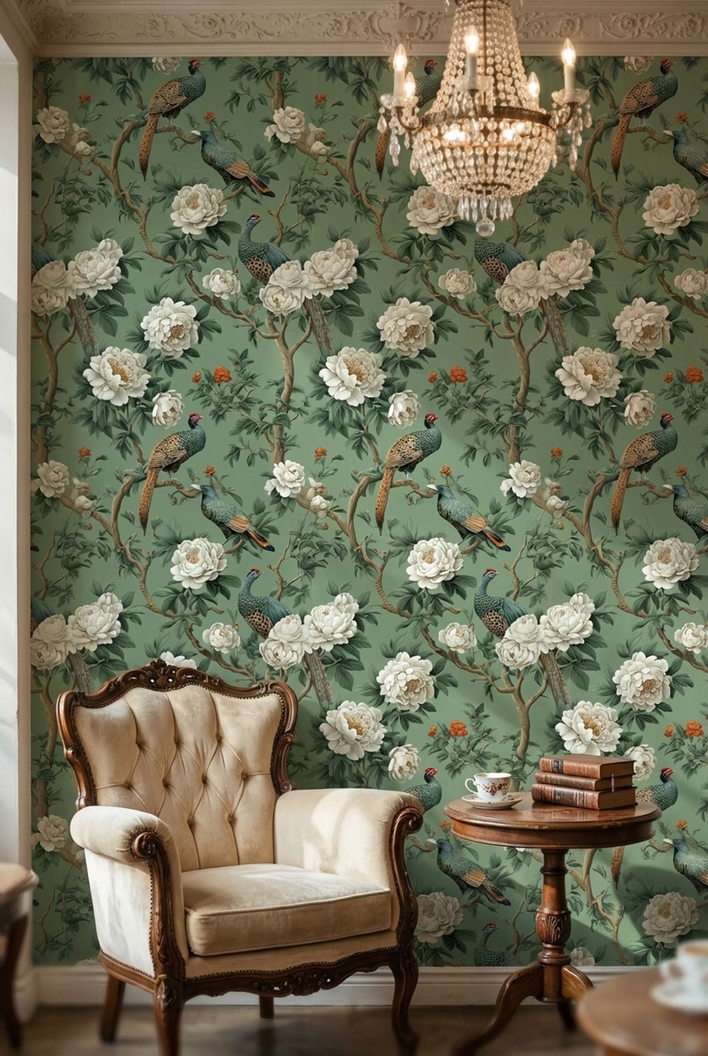Muted Green Wallpaper Chinoiserie Bird Decorative Mural