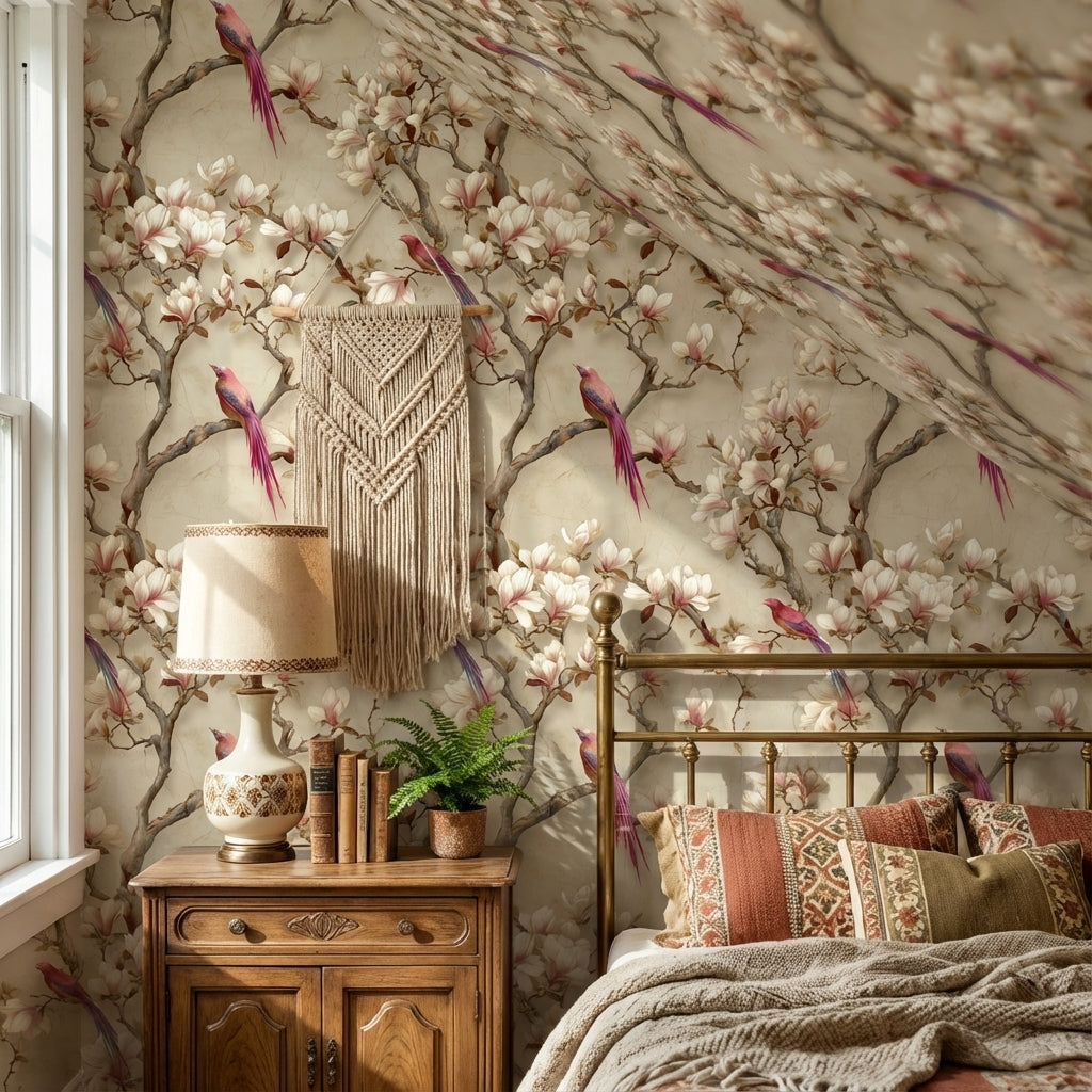 Floral Wallpaper Birds Beige Decorative Mural