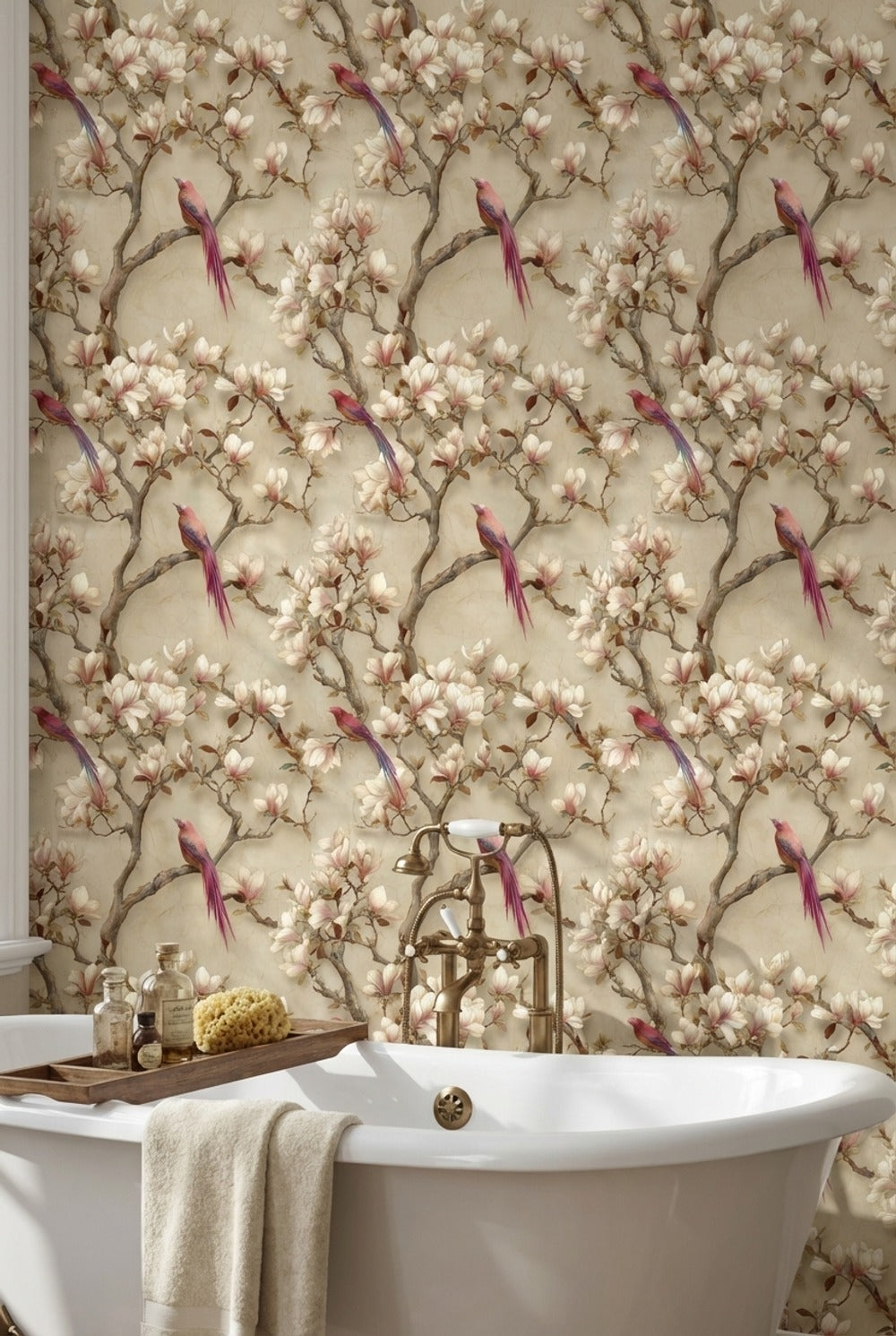 Floral Wallpaper Birds Beige Decorative Mural