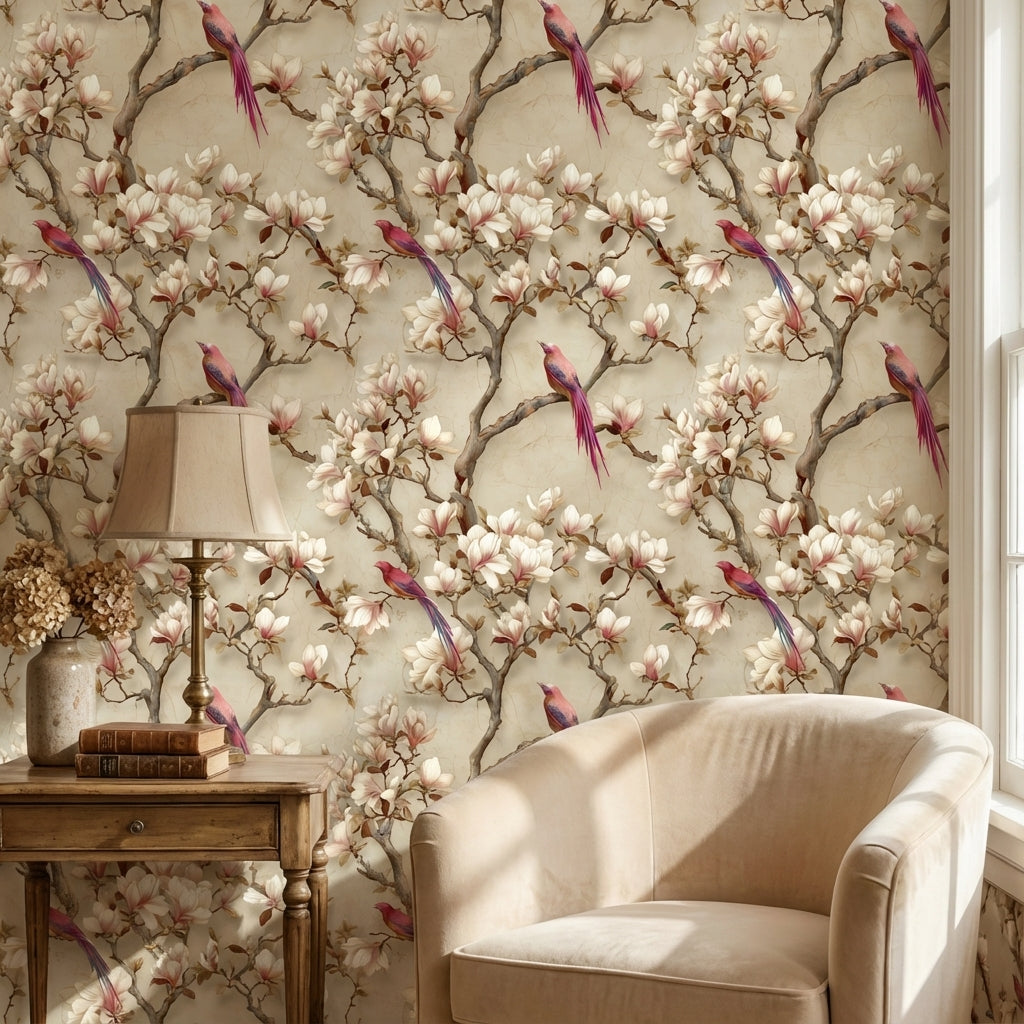Floral Wallpaper Birds Beige Decorative Mural