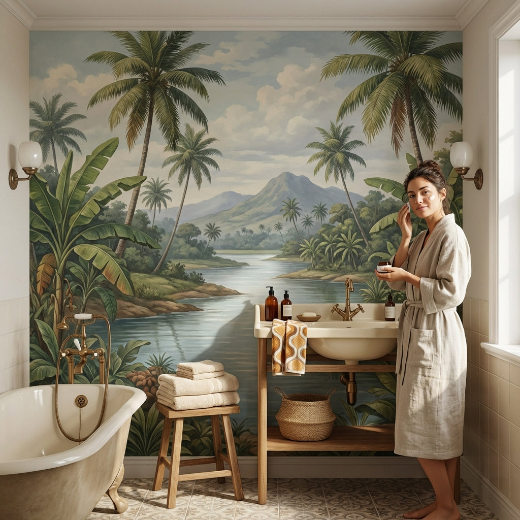 Cloudy Sky Wallpaper Palm Trees Mountain Wall Mural