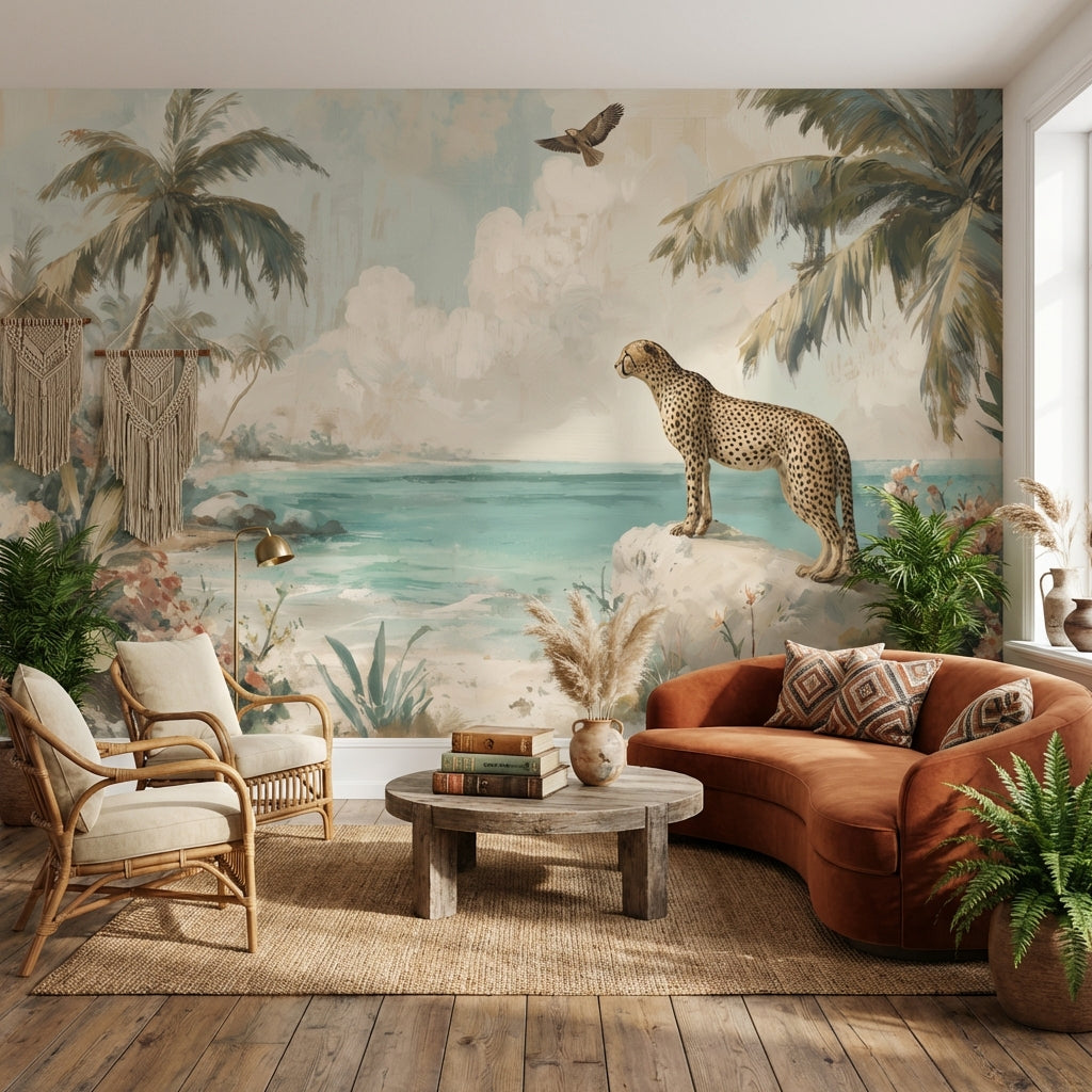 Tropical Landscape Wallpaper Cheetah Floral Wall Decor