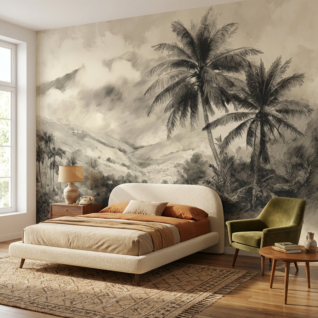 Vintage Tropical Wallpaper Palms Removable Mountain Wall Mural