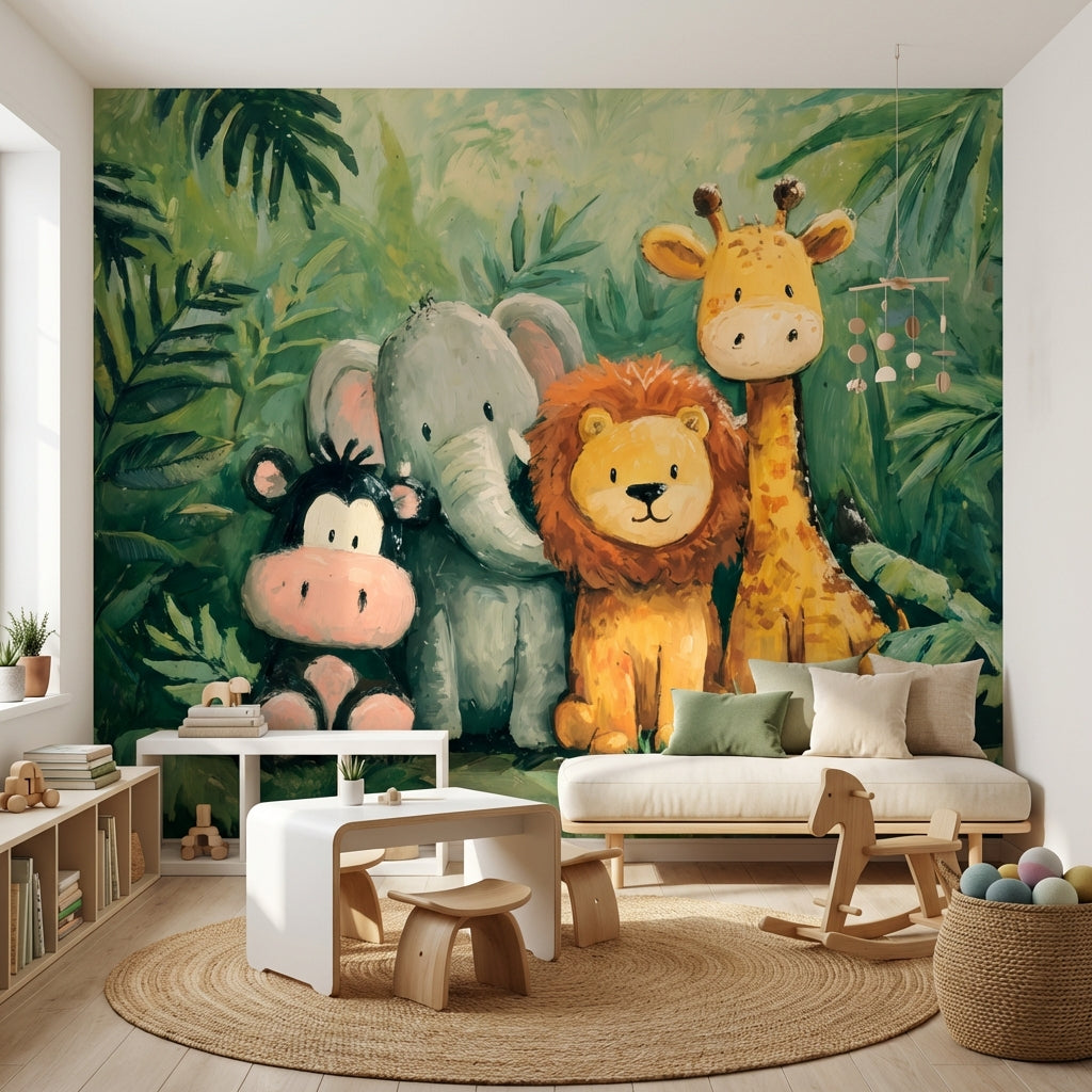 Jungle Animals Wallpaper Green Playful Wall Decor