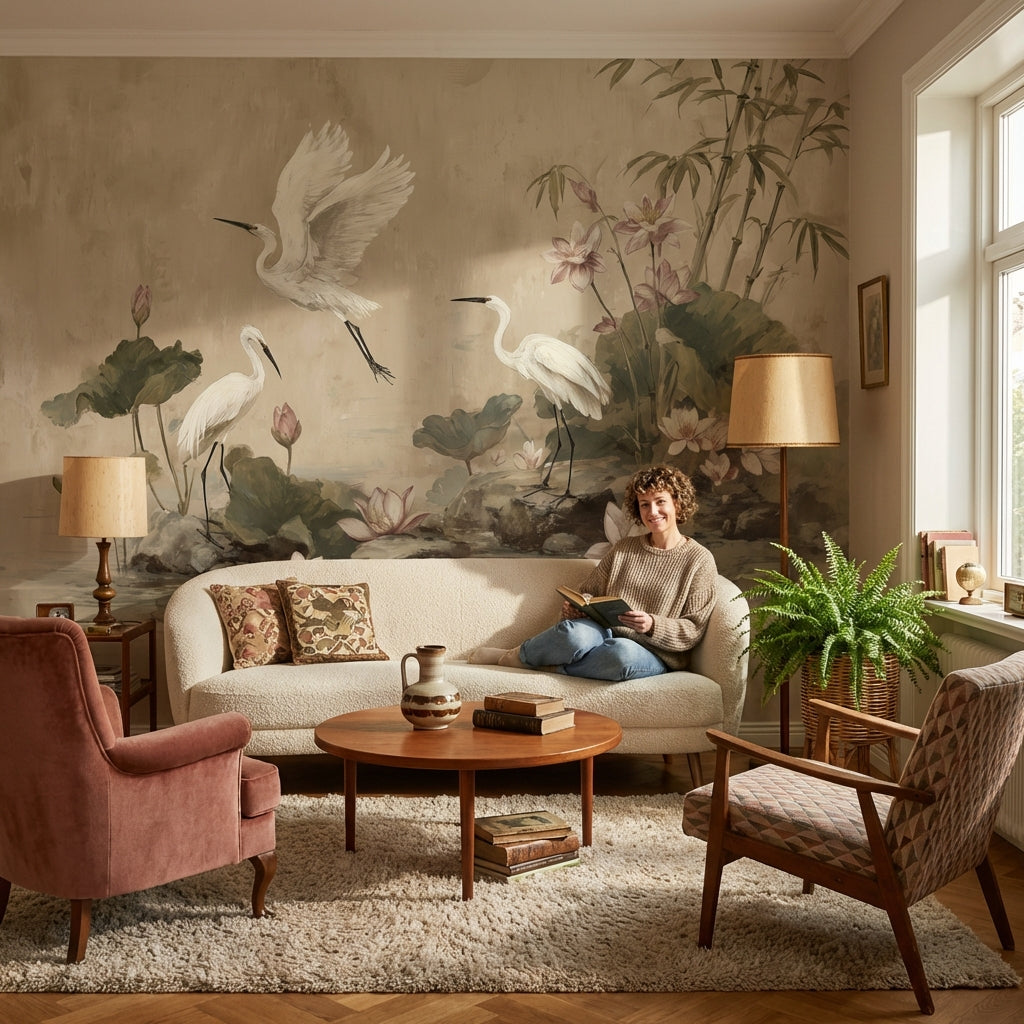 Egrets Wallpaper Lotus Removable Bamboo Wall Mural