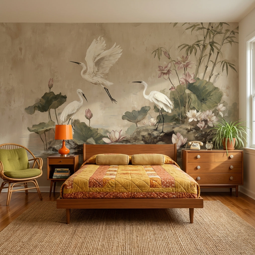 Egrets Wallpaper Lotus Removable Bamboo Wall Mural
