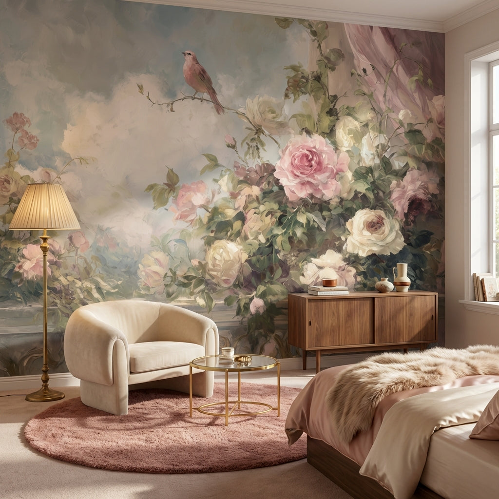 Cloudy Sky Wallpaper Vintage Floral Wall Mural