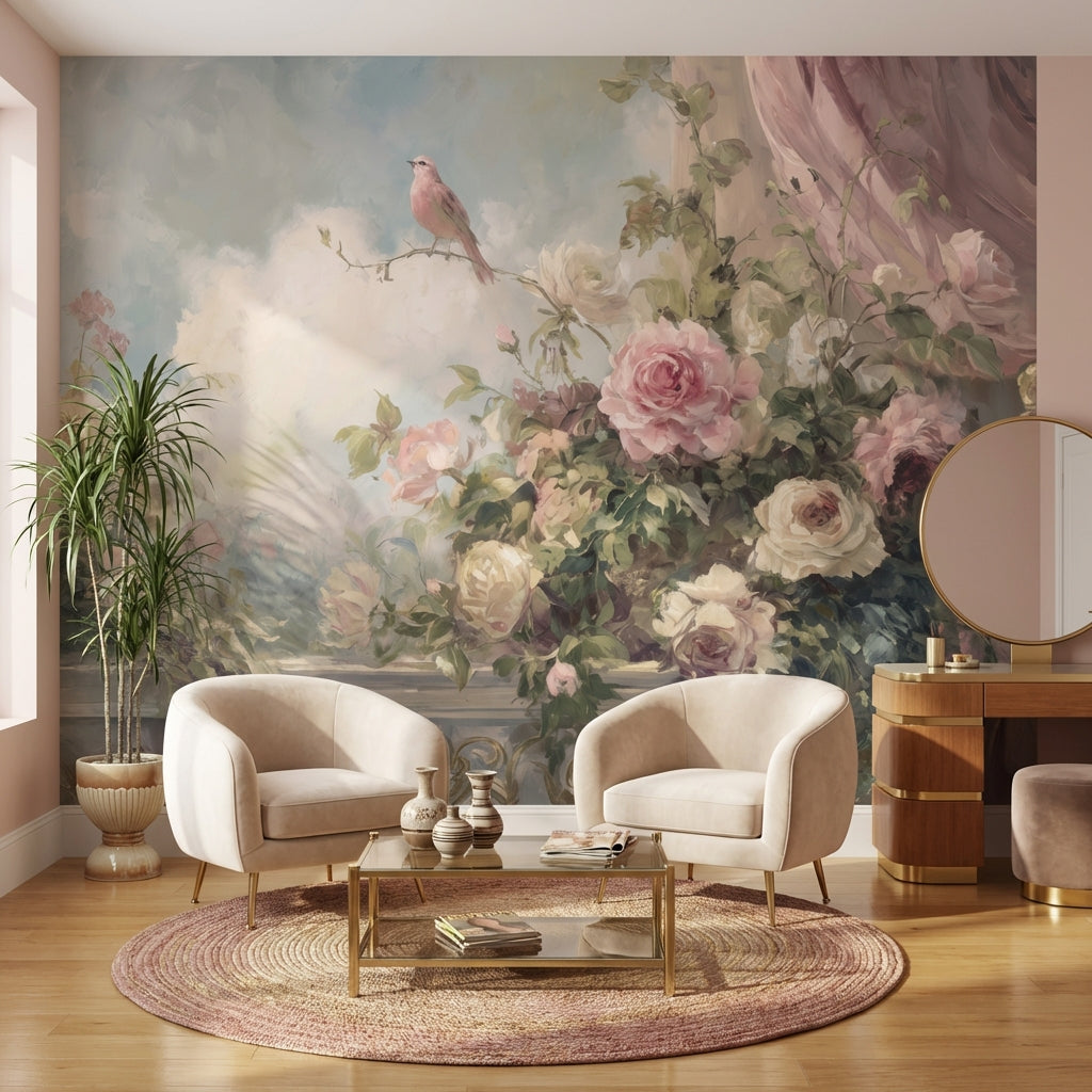 Cloudy Sky Wallpaper Vintage Floral Wall Mural