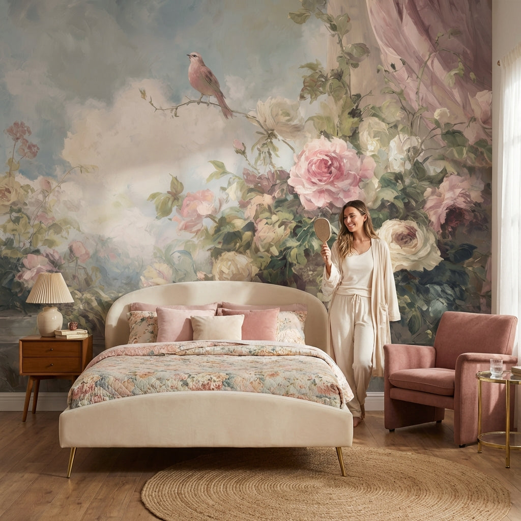 Cloudy Sky Wallpaper Vintage Floral Wall Mural